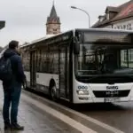 Λεωφορείο σε στάση στη Βάδη-Βυρτεμβέργη με επιβάτες που ελέγχουν τα δρομολόγια.