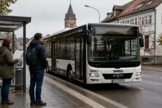 Λεωφορείο σε στάση στη Βάδη-Βυρτεμβέργη με επιβάτες που ελέγχουν τα δρομολόγια.