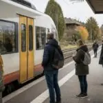 Περιφερειακό τρένο σε σταθμό της Βάδης-Βυρτεμβέργης με επιβάτες στην αποβάθρα