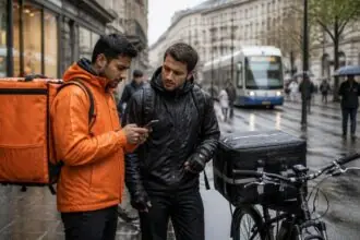 Διανομείς φαγητού με ποδήλατα σε ελβετική πόλη, συμβολική εικόνα για την αλλαγή μοντέλου της Just Eat