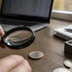 Συμβολική εικόνα ελέγχου συλλεκτικών κερμάτων των 2 ευρώ με μεγεθυντικό φακό πριν από πώληση