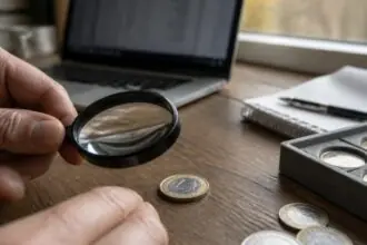 Συμβολική εικόνα ελέγχου συλλεκτικών κερμάτων των 2 ευρώ με μεγεθυντικό φακό πριν από πώληση