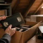 Χέρια εξετάζουν παλιά βιντεοκασέτα VHS που βρέθηκε ανάμεσα σε άλλες κασέτες στο πατάρι