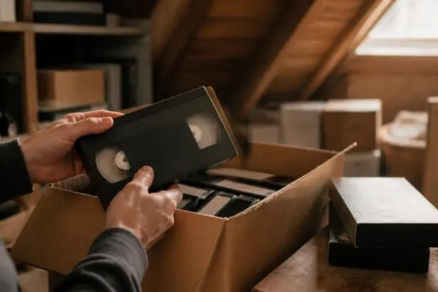 Χέρια εξετάζουν παλιά βιντεοκασέτα VHS που βρέθηκε ανάμεσα σε άλλες κασέτες στο πατάρι