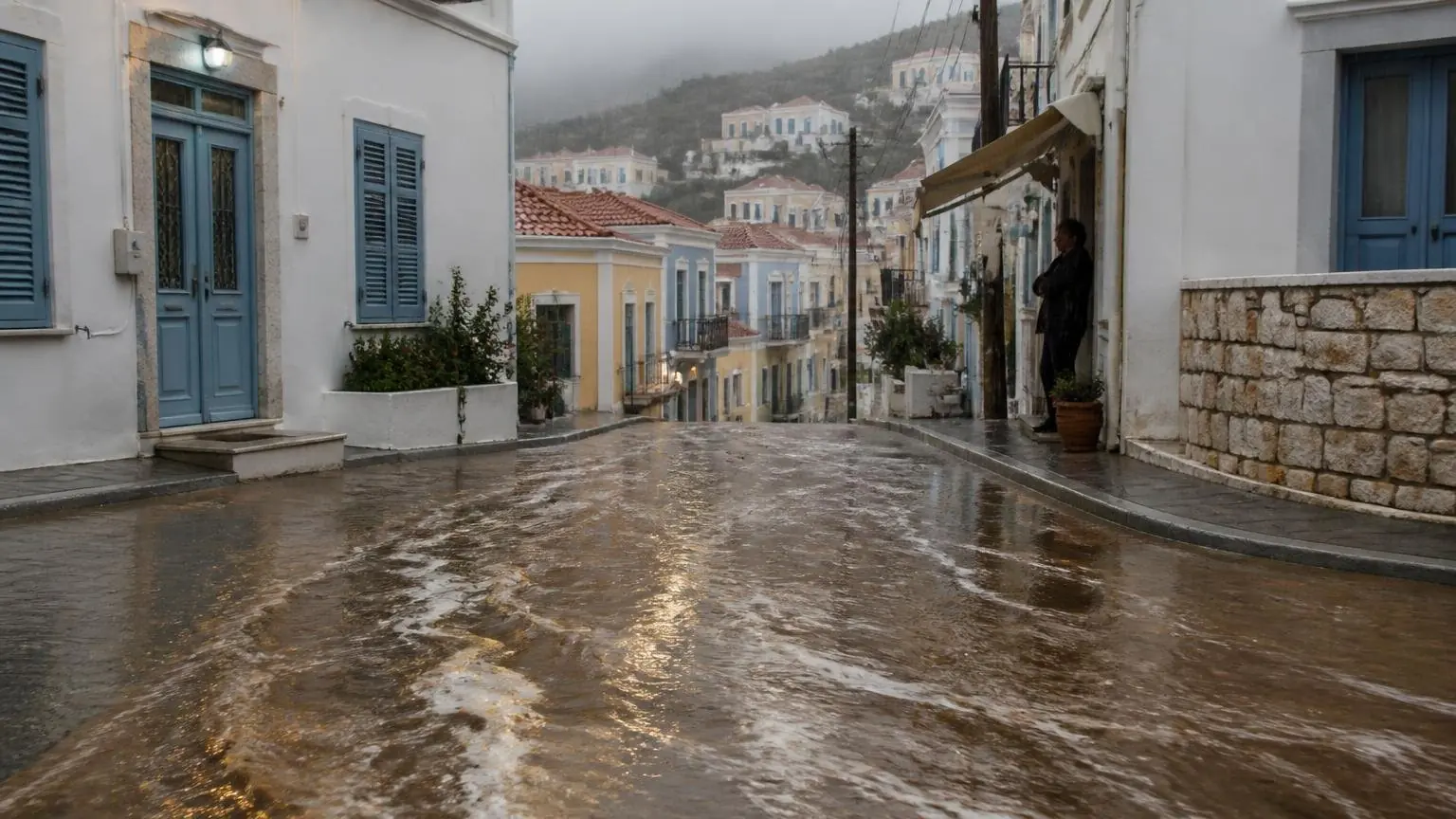 Symbolbild einer regennassen Straße auf einer griechischen Insel mit strömendem Wasser und Schlamm