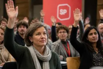 Συμμετέχοντες σε συμβολική πολιτική συνέλευση στην Ελβετία σηκώνουν τα χέρια για ψηφοφορία, με κόκκινο φόντο.