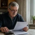 Ηλικιωμένος εξετάζει έγγραφα σύνταξης και χρησιμοποιεί αριθμομηχανή σε τραπέζι κατοικίας.