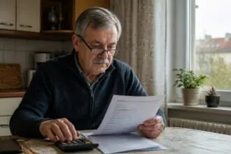 Ηλικιωμένος εξετάζει έγγραφα σύνταξης και χρησιμοποιεί αριθμομηχανή σε τραπέζι κατοικίας.