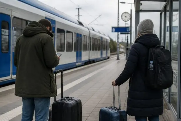 Δύο ταξιδιώτες με βαλίτσες σε γερμανική σιδηροδρομική αποβάθρα δίπλα σε προαστιακό τρένο.