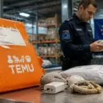 Συμβολική εικόνα με πορτοκαλί δέματα Temu, ευρωπαϊκή σημαία και προϊόντα ηλεκτρονικών αγορών σε χώρο διαλογής.