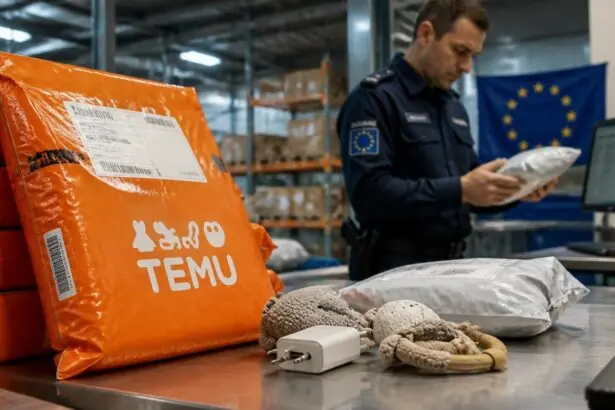 Συμβολική εικόνα με πορτοκαλί δέματα Temu, ευρωπαϊκή σημαία και προϊόντα ηλεκτρονικών αγορών σε χώρο διαλογής.
