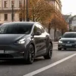 Tesla Model Y σε γερμανικό δρόμο με Volkswagen Golf στο φόντο, συμβολική απεικόνιση