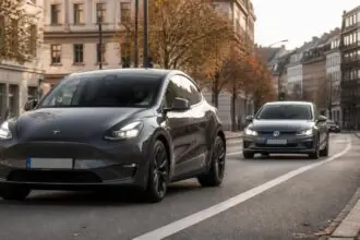 Tesla Model Y σε γερμανικό δρόμο με Volkswagen Golf στο φόντο, συμβολική απεικόνιση