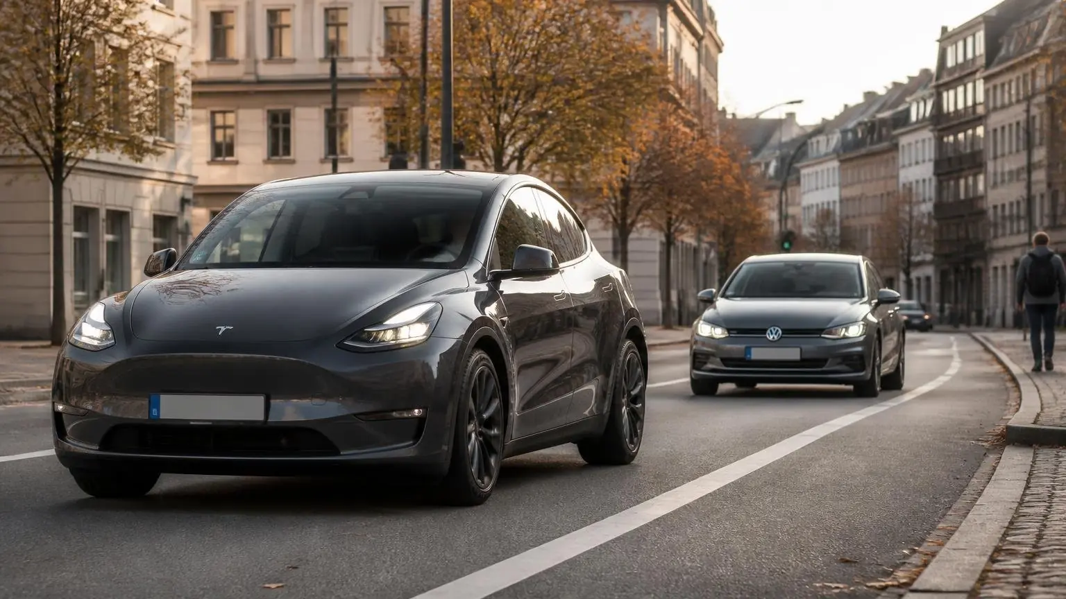 Tesla Model Y σε γερμανικό δρόμο με Volkswagen Golf στο φόντο, συμβολική απεικόνιση