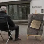 Συμβολική απεικόνιση ηλικιωμένου άνδρα σε σιωπηλή διαμαρτυρία έξω από γερμανικό δημαρχείο