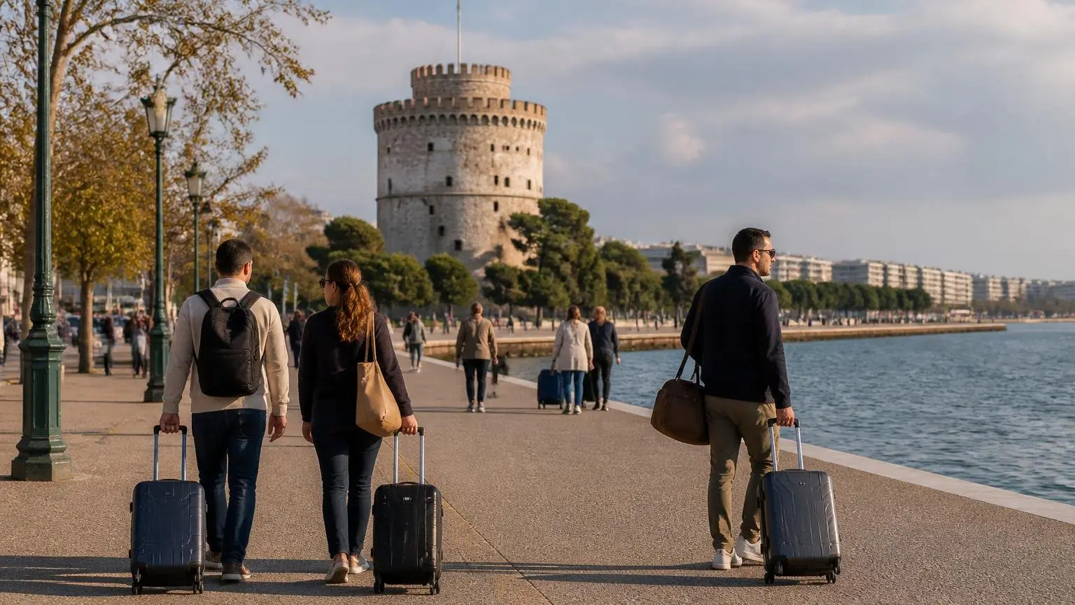 Symbolbild von Reisenden mit Koffern an der Uferpromenade von Thessaloniki mit dem Weißen Turm im Hintergrund