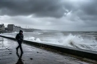 Θυελλώδης καιρός στις ακτές της Βόρειας Θάλασσας στη Γερμανία με ισχυρά κύματα και άνεμο