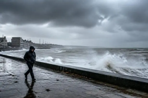 Θυελλώδης καιρός στις ακτές της Βόρειας Θάλασσας στη Γερμανία με ισχυρά κύματα και άνεμο