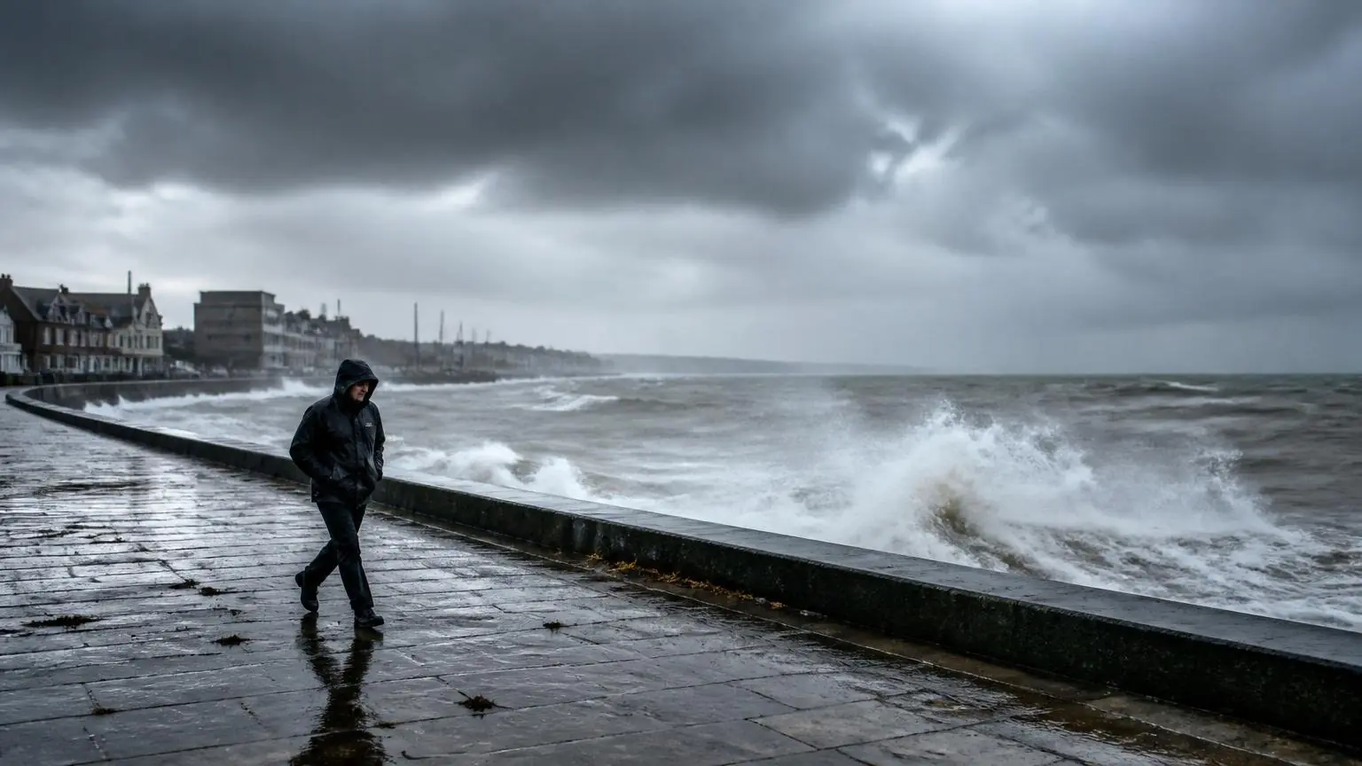 Θυελλώδης καιρός στις ακτές της Βόρειας Θάλασσας στη Γερμανία με ισχυρά κύματα και άνεμο