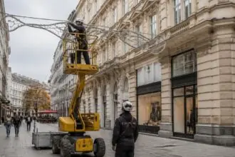 Τεχνικός σε ανυψωτικό όχημα τοποθετεί χριστουγεννιάτικη διακόσμηση πάνω από εμπορικό δρόμο της Βιέννης.