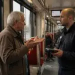 Συμβολική εικόνα ελέγχου εισιτηρίων μέσα σε τραμ στη Γερμανία, με επιβάτη και ελεγκτή