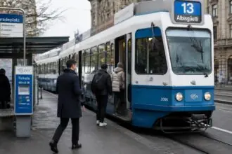 Επιβάτες κατευθύνονται προς μπλε τραμ σε στάση των δημόσιων συγκοινωνιών της Ζυρίχης.