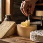 Τρία διαφορετικά ελβετικά τυριά σε ξύλινη επιφάνεια, ενώ τεχνίτης σχηματίζει ροζέτες από Tête de Moine.