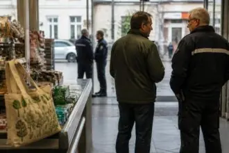 Συμβολική σκηνή σε κατάστημα με τσάντα αγορών, πελάτη και υπάλληλο ασφαλείας στη Στουτγάρδη.