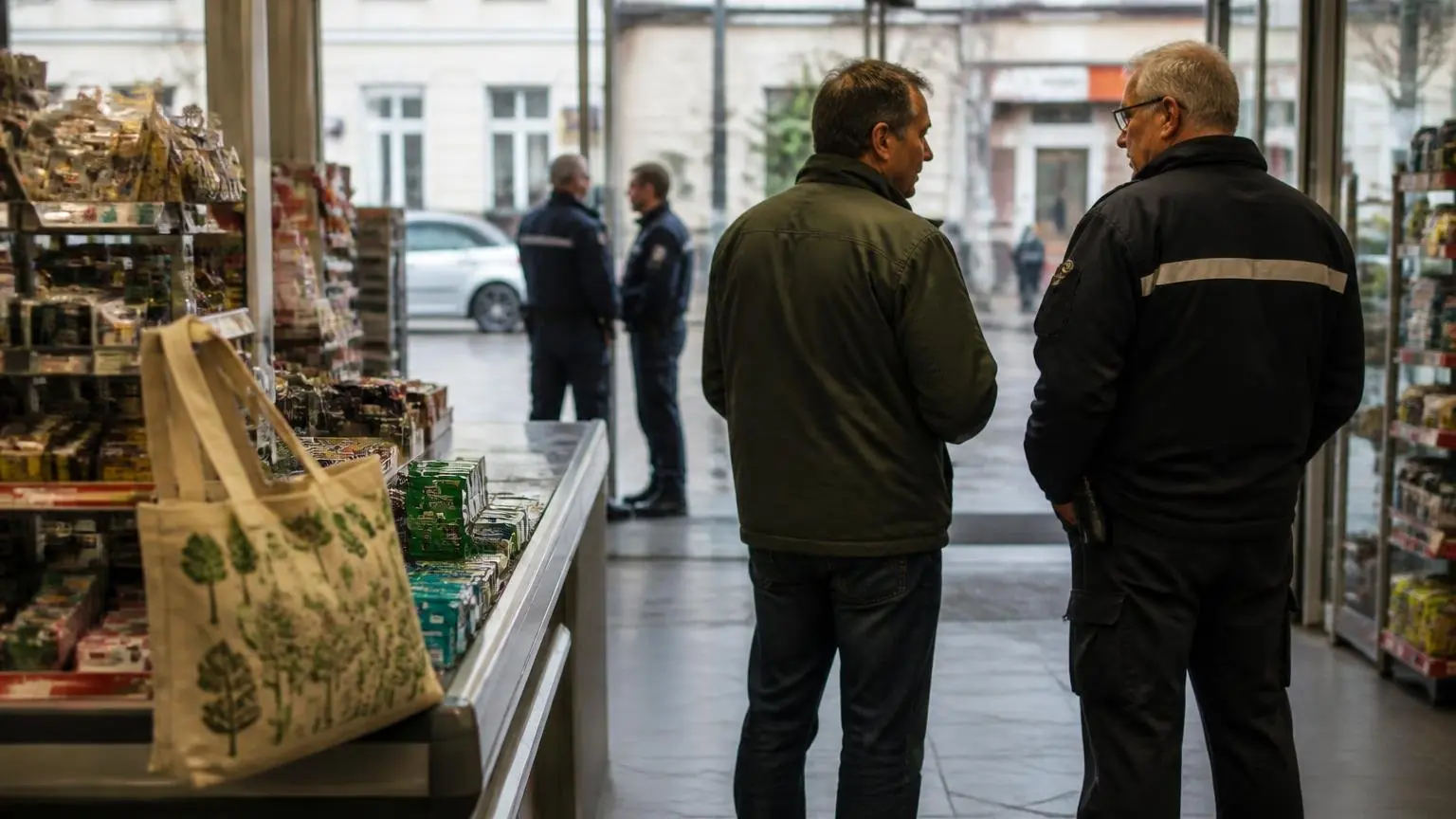 Συμβολική σκηνή σε κατάστημα με τσάντα αγορών, πελάτη και υπάλληλο ασφαλείας στη Στουτγάρδη.