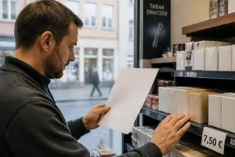 Συμβολική απεικόνιση καταστήματος καπνικών στη Γερμανία, με πακέτα τσιγάρων και έγγραφο φορολογίας