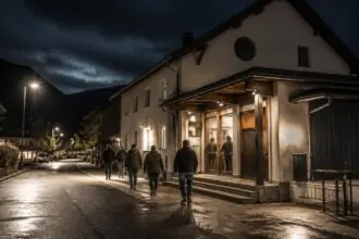Συμβολική νυχτερινή σκηνή έξω από χώρο μουσικών εκδηλώσεων στην Ελβετία, για την υπόθεση θανάτου στο Tuggen