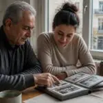 Ηλικιωμένος άνδρας και νεότερη γυναίκα ξεφυλλίζουν οικογενειακό άλμπουμ σε σπίτι στη Γερμανία, συμβολίζοντας τις γενιές της τουρκικής μετανάστευσης.