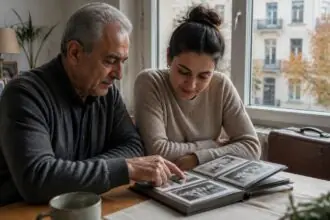Ηλικιωμένος άνδρας και νεότερη γυναίκα ξεφυλλίζουν οικογενειακό άλμπουμ σε σπίτι στη Γερμανία, συμβολίζοντας τις γενιές της τουρκικής μετανάστευσης.