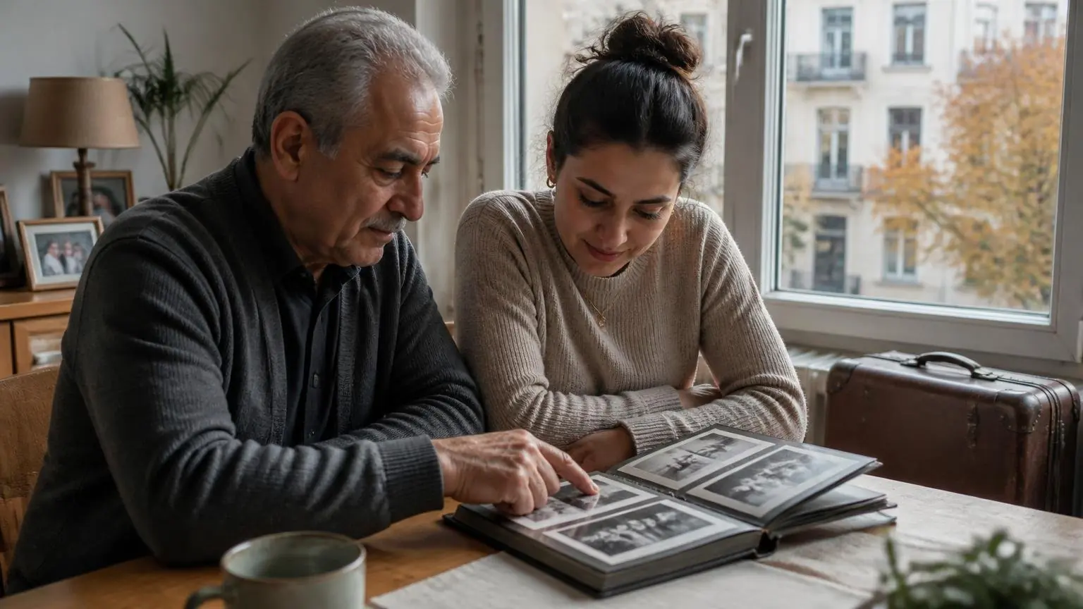 Ηλικιωμένος άνδρας και νεότερη γυναίκα ξεφυλλίζουν οικογενειακό άλμπουμ σε σπίτι στη Γερμανία, συμβολίζοντας τις γενιές της τουρκικής μετανάστευσης.