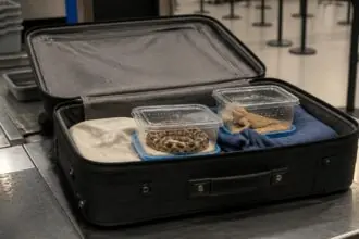 Ανοιχτή βαλίτσα και μικρά δοχεία μεταφοράς με ερπετά σε χώρο ελέγχου αποσκευών αεροδρομίου.