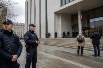 Συμβολική εικόνα με αστυνομικούς έξω από δικαστικό κτίριο στη Βαρσοβία, με αφορμή την πολιτική αντιπαράθεση στην Πολωνία