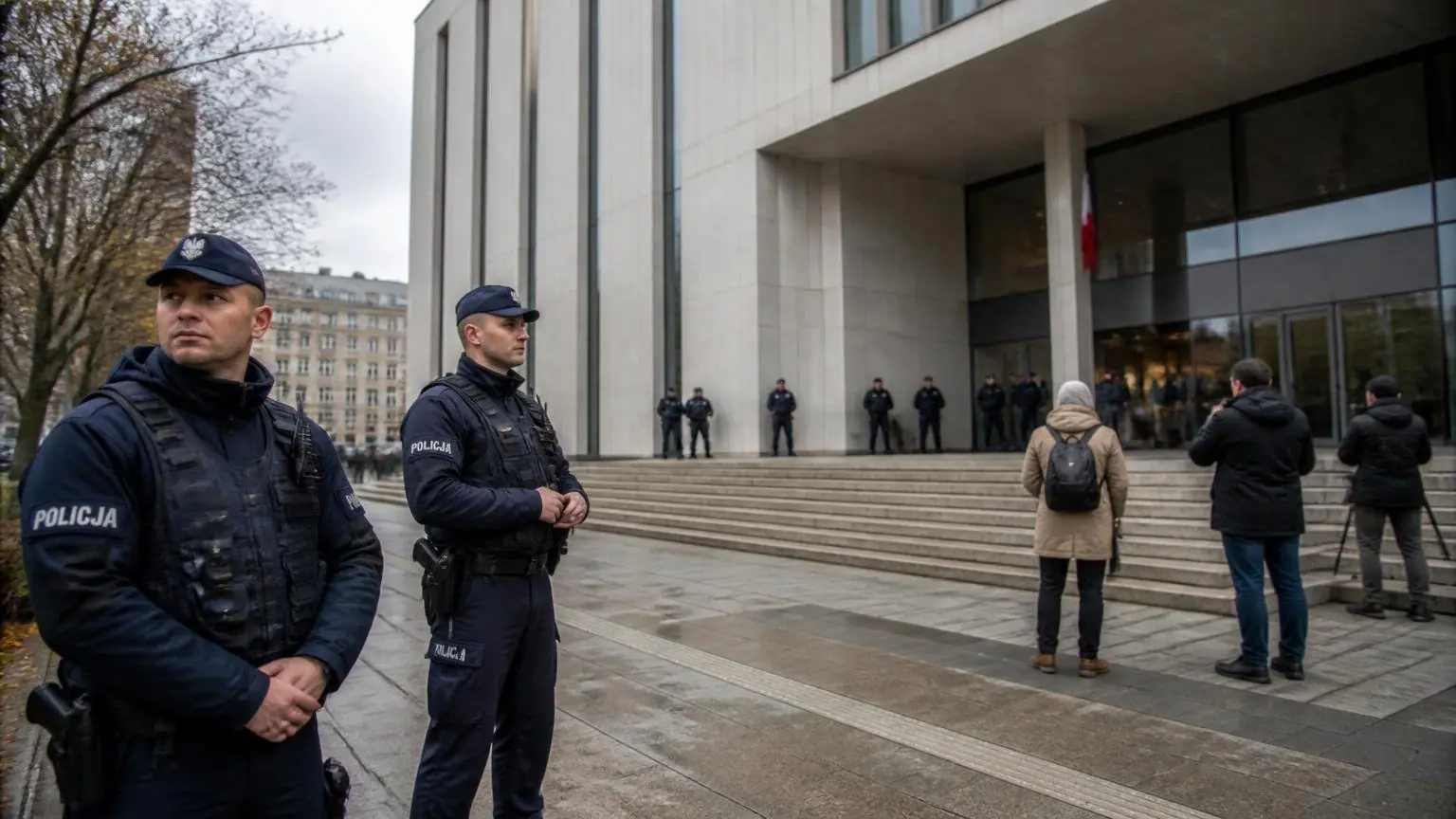 Συμβολική εικόνα με αστυνομικούς έξω από δικαστικό κτίριο στη Βαρσοβία, με αφορμή την πολιτική αντιπαράθεση στην Πολωνία