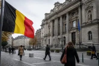 Συμβολική εικόνα με βελγική σημαία και δημόσιο κτίριο στις Βρυξέλλες για τους προϋπολογισμούς του Βελγίου