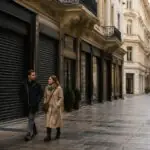 Κλειστές προσόψεις καταστημάτων και πεζοί σε εμπορικό δρόμο της Βιέννης την Κυριακή