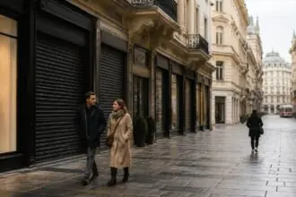 Κλειστές προσόψεις καταστημάτων και πεζοί σε εμπορικό δρόμο της Βιέννης την Κυριακή