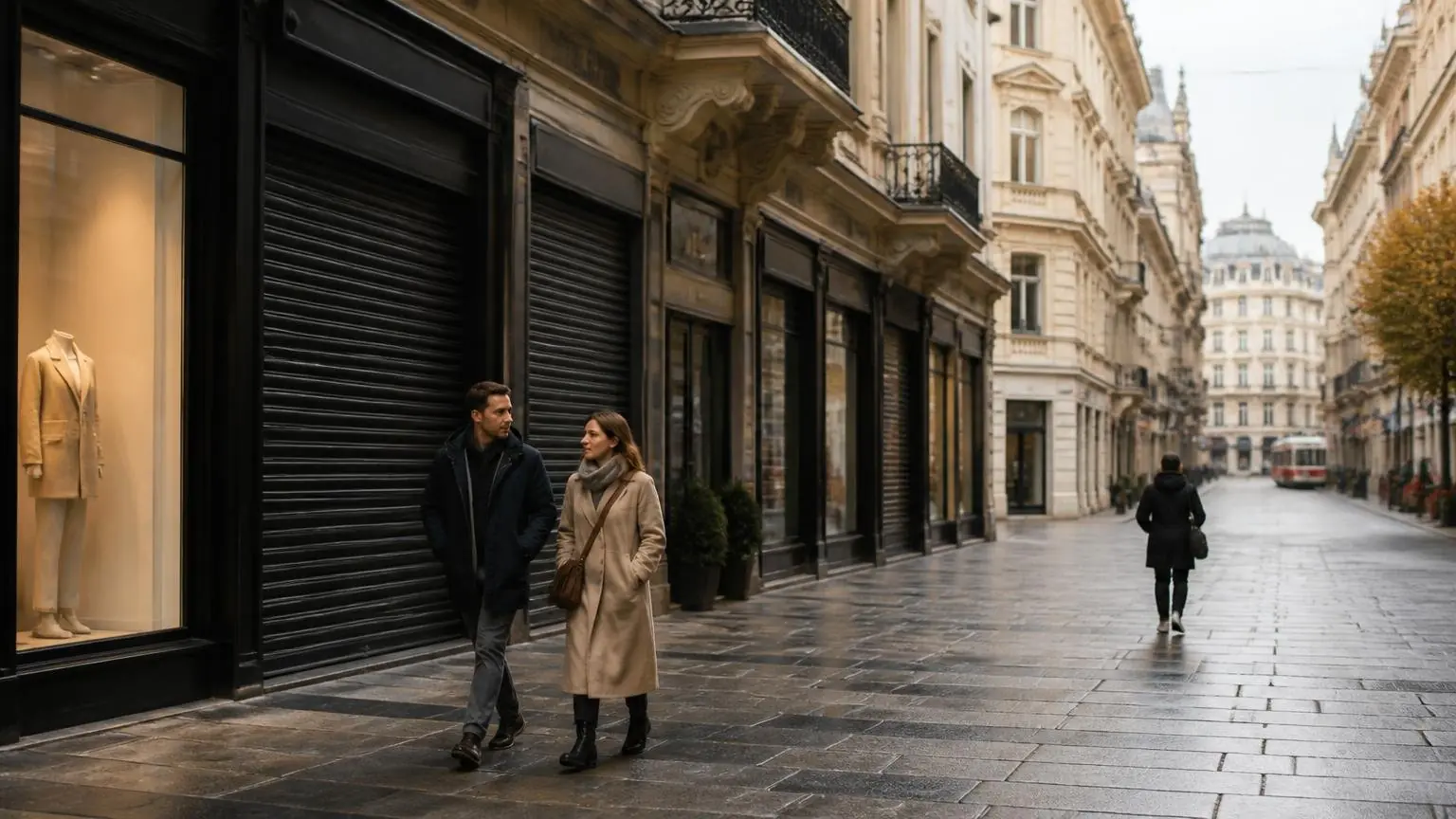Κλειστές προσόψεις καταστημάτων και πεζοί σε εμπορικό δρόμο της Βιέννης την Κυριακή