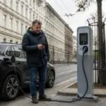 Συμβολική εικόνα με οδηγό δίπλα σε δημόσιο φορτιστή αυτοκινήτων στη Βιέννη κατά τη διάρκεια τεχνικής βλάβης