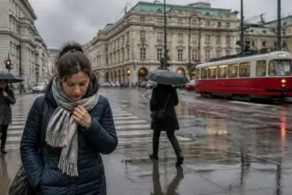 Πεζοί με ομπρέλες σε βροχερό δρόμο της Βιέννης, σε συμβολική εικόνα για το κύμα ψύχους