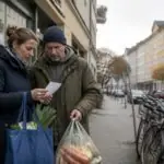 Δύο κάτοικοι της Γερμανίας κοιτούν μια απόδειξη αγορών έξω από κατάστημα τροφίμων, συμβολίζοντας τις πιέσεις στο βιοτικό επίπεδο.