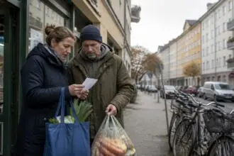 Δύο κάτοικοι της Γερμανίας κοιτούν μια απόδειξη αγορών έξω από κατάστημα τροφίμων, συμβολίζοντας τις πιέσεις στο βιοτικό επίπεδο.