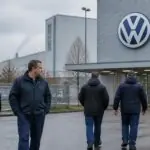 Εργαζόμενοι αποχωρούν από βιομηχανικό συγκρότημα με το σήμα Volkswagen στη Γερμανία, σε συμβολική εικόνα.