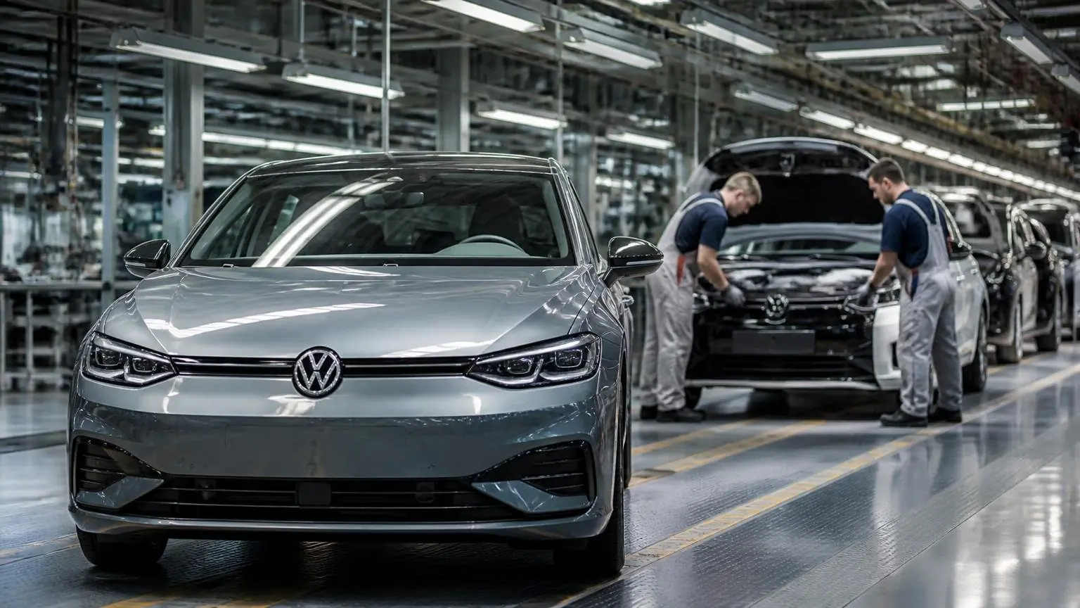 Αυτοκίνητο Volkswagen και εργαζόμενοι σε συμβολική απεικόνιση γερμανικής γραμμής παραγωγής