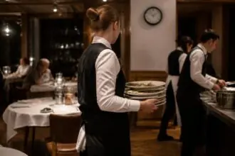 Εργαζόμενος σε γερμανικό εστιατόριο μεταφέρει πιάτα κατά τη διάρκεια βραδινής βάρδιας.