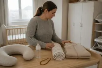 Γονέας εξετάζει διάφορα βρεφικά προϊόντα και βοηθήματα σε παιδικό δωμάτιο