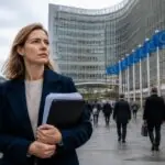 Εργαζόμενοι περνούν μπροστά από κτίριο της Ευρωπαϊκής Επιτροπής στις Βρυξέλλες, συμβολική εικόνα για τις περικοπές δαπανών